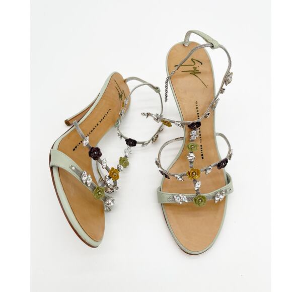 Giuseppe Zanotti Shoes - Giuseppe Zanotti Vintage Mint Green Crystal Floral T Strap Heeled Sandals US 7.5